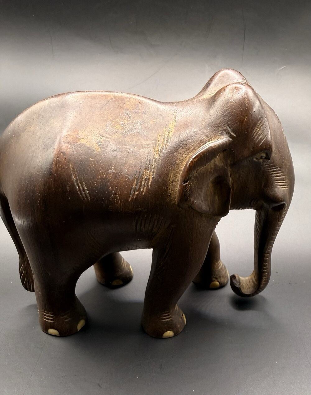 Vintage Hand Carved Wooden Elephant Figurine – Decorative Inlay, Boho Home Decor